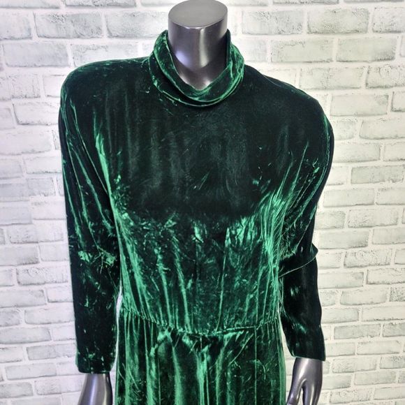 Vintage 80s Carroll Reed M/L Emerald‎ Green Crushed Velvet Mockneck L/S Dress - Picture 2 of 12